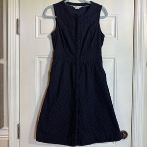 Boden Dress Leila Sleeveless Eyelet Button Down Size 6 Navy Blue With Pockets